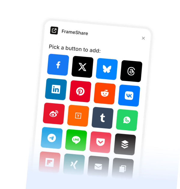 FrameShare plugin interface showing social sharing platforms