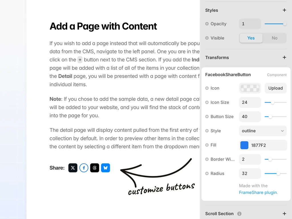 Customising a FrameShare social button in Framer