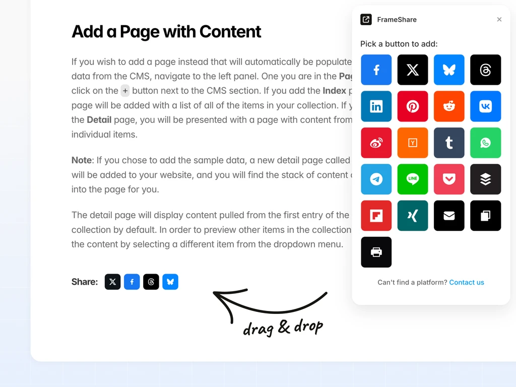 Dragging social share buttons from FrameShare onto a Framer page