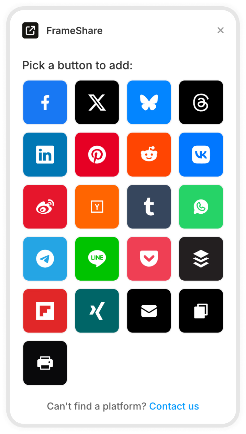 FrameShare plugin interface showing available social sharing platforms